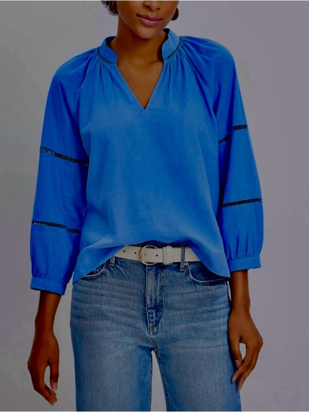 LOFT cornflower blue Cobalt V-Neck linen blend 3/4 sleeve Peasant Blouse XSP